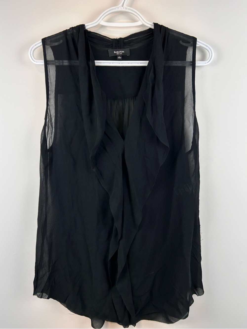 Babaton 100% Silk Sleeveless Ruffle Front Blouse Black Size
